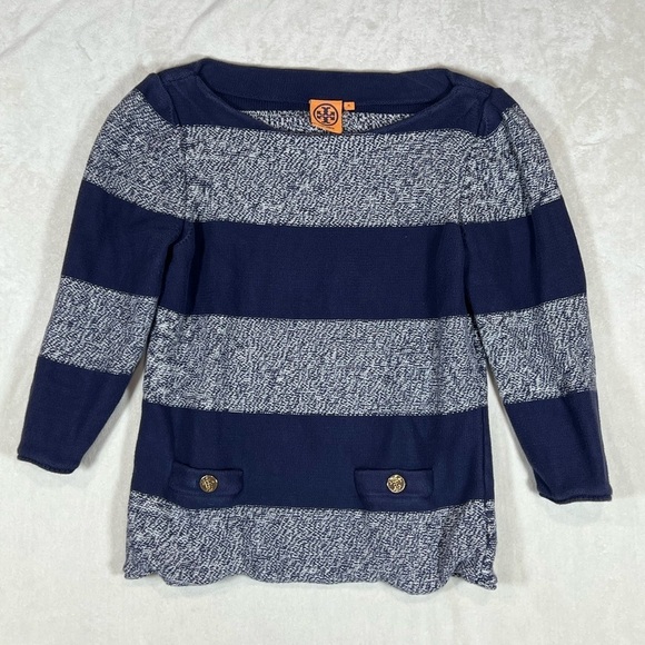 Tory Burch Nautical XL Skimmer Fit Navy Stripe Scoop Collar Sweater Pockets C23 - Picture 2 of 12
